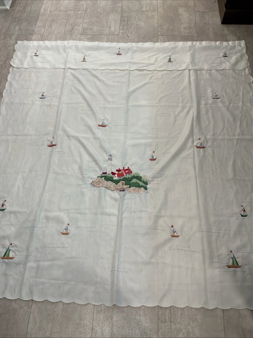 Embroidered Lighthouse Sailboat Shower Curtain Scalloped White Nautical 72”x68”